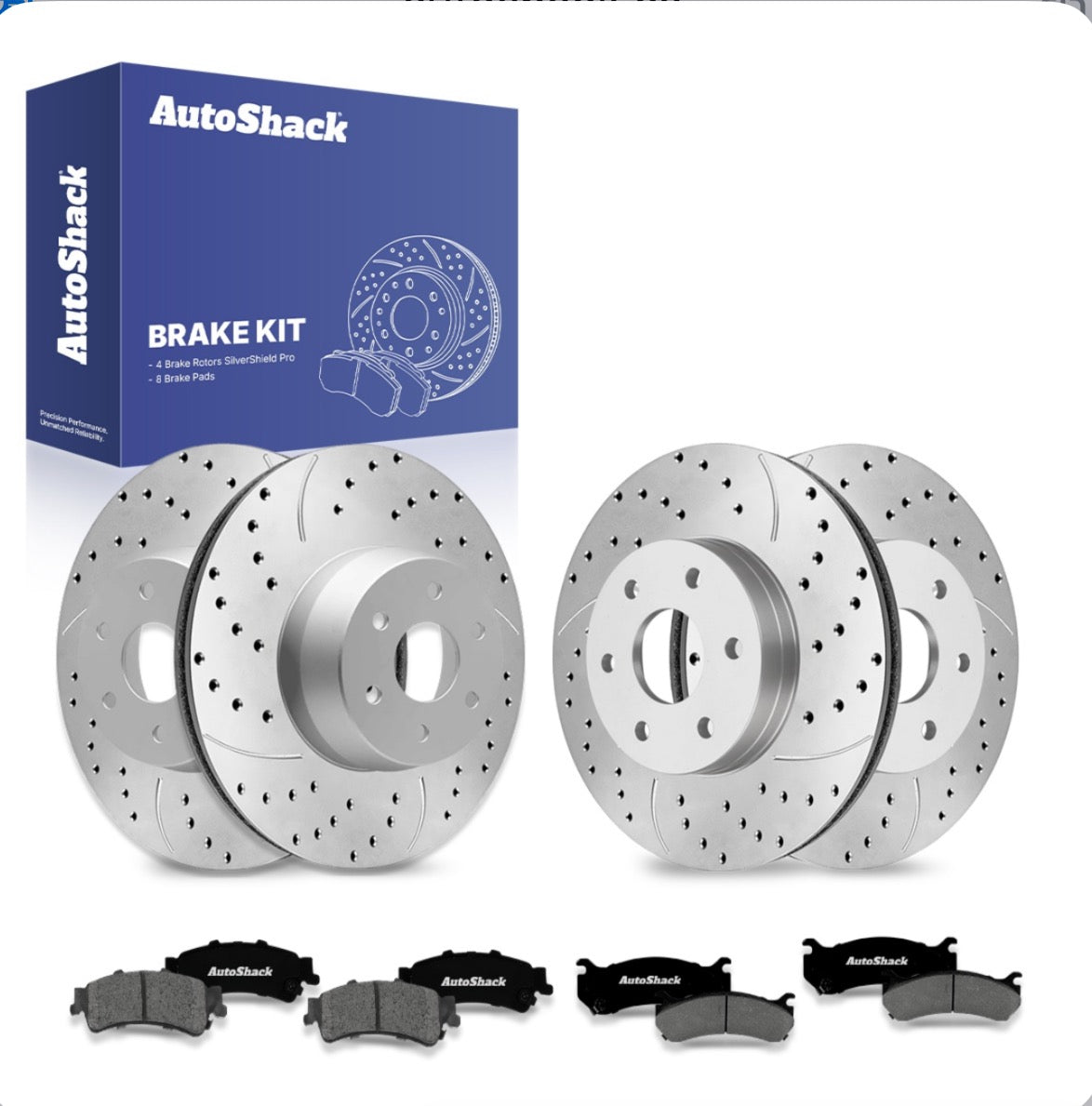 Disques de frein avant et arrière percés et rainurés, plaquettes de frein en céramique haut de gamme, revêtement zinc argenté, côté conducteur et passager